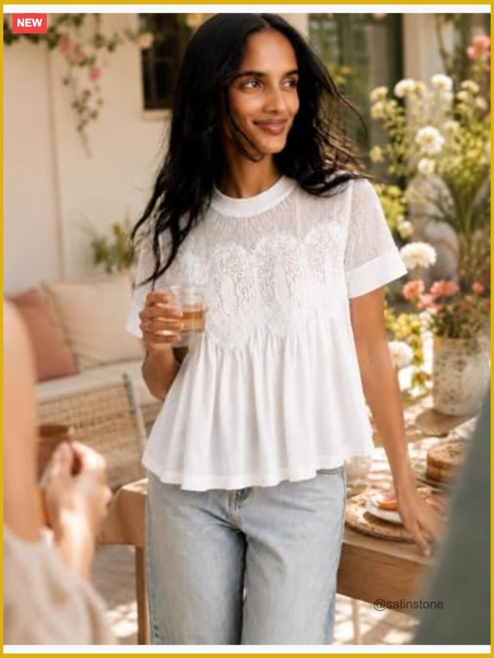 Boho Lace Short Sleeve Blouse Mesh Swing Top Crew Neck Loose Flowy Shirt - Picture 3 of 6